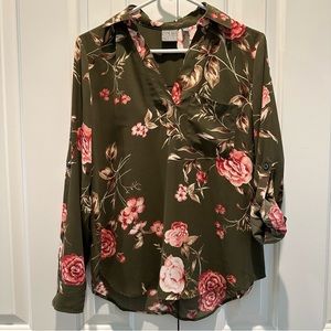 Soho Olive & Pink Floral Adjustable Sleeve Blouse S